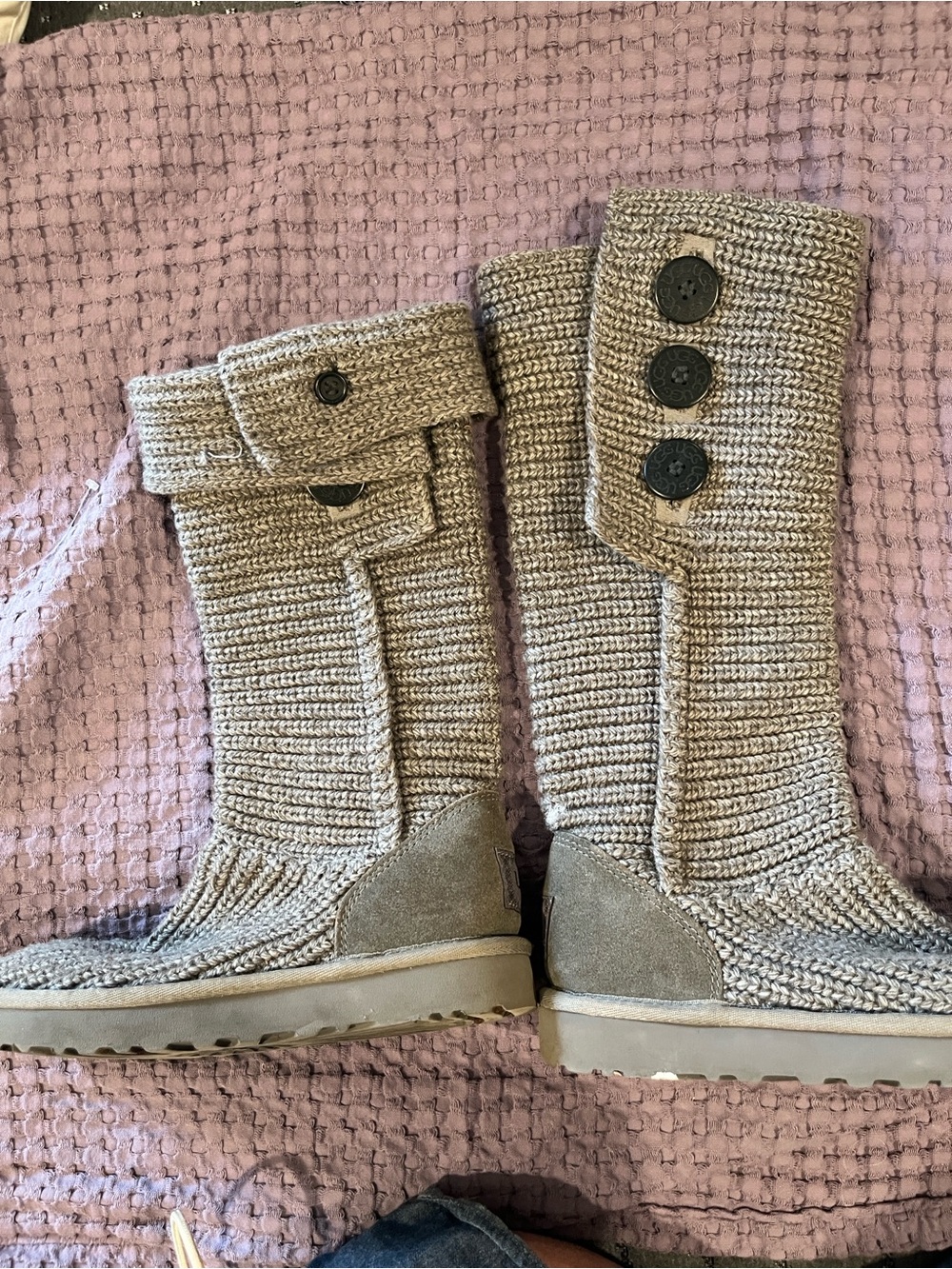 UGG Classic Cardy Knit Back-Tab Button Boot in grey.